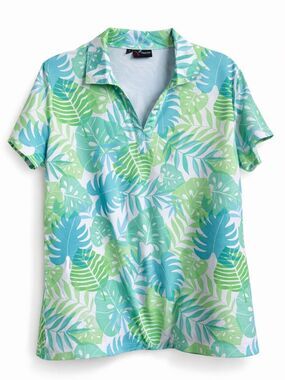 Yatta Golf Wear Women's Tropical Leaf Polo - Aqua & Lime- Large